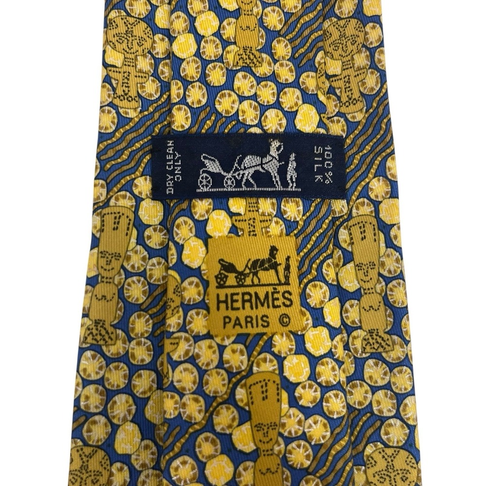 Hermes Men's Tie African Wood Carving Statue Yellow/Blue Silk 7639 TA 3 5/8" 57"
